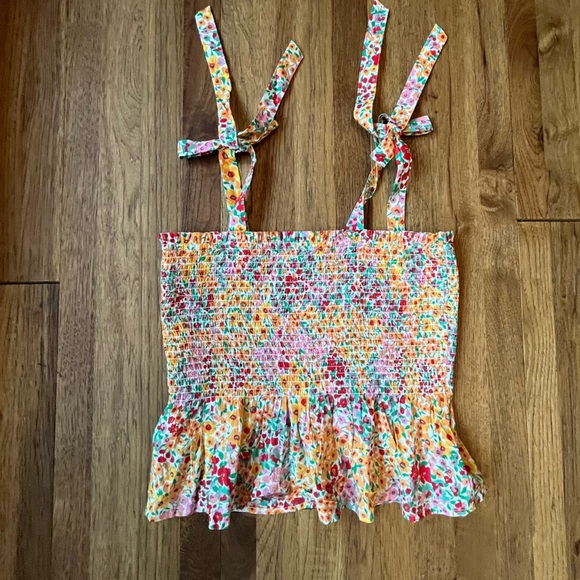 J. Crew Smocked Ribbon Tie Floral Women’s Tank Top‎ Sz M  Boho Cottagecore Girly - Picture 2 of 7